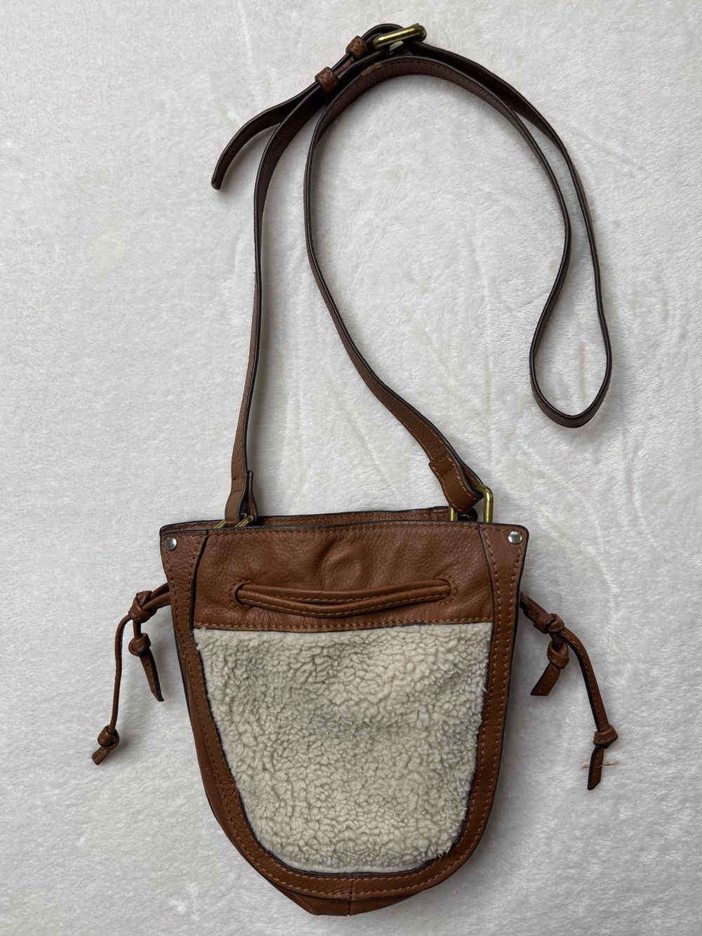 Crown Vintage - Brown Genuine Leather & Cream Shearling Crossbody Bag